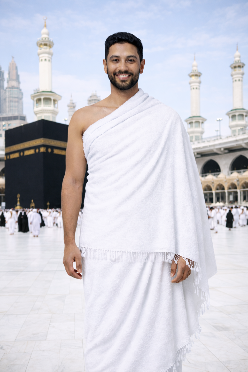Man wearing white ihram clothing standing near the Kaaba in Masjid al-Haram during Umrah
