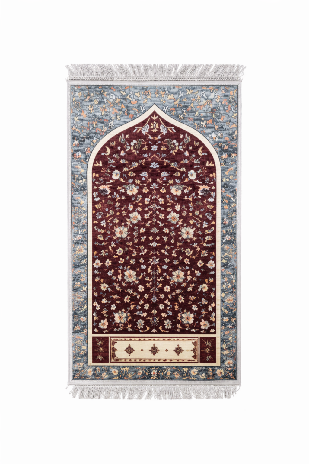 Elegant burgundy janamaz prayer rug with ornate floral design and tassel edges
