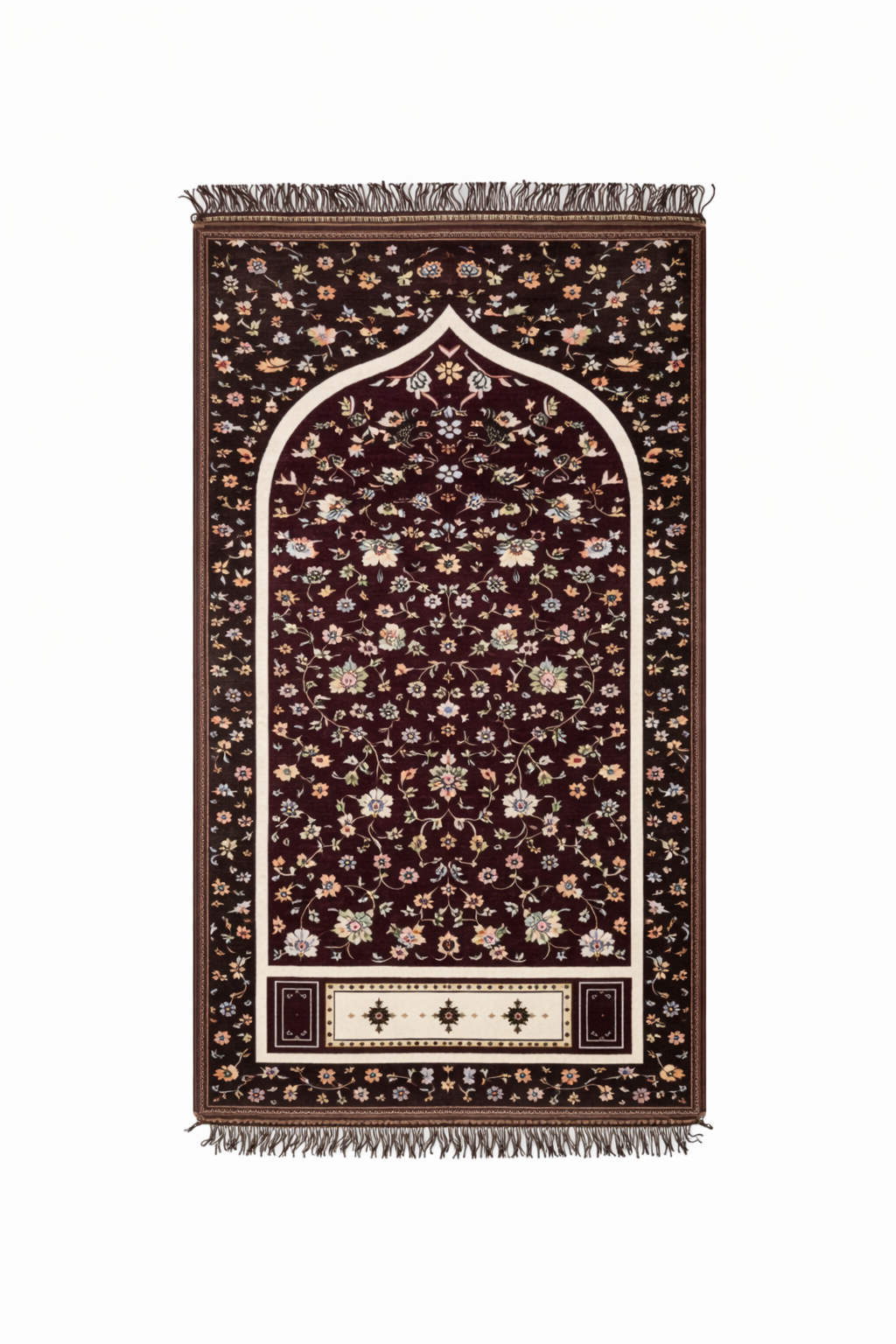 Luxury burgundy Islamic prayer rug with floral pattern and mosque arch design
