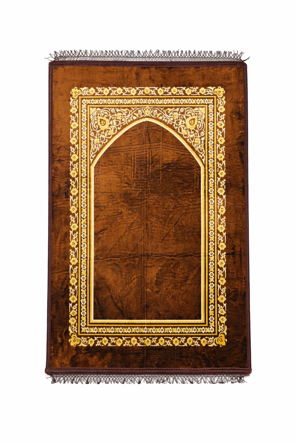 Traditional Muslim prayer mat with elegant golden pattern
