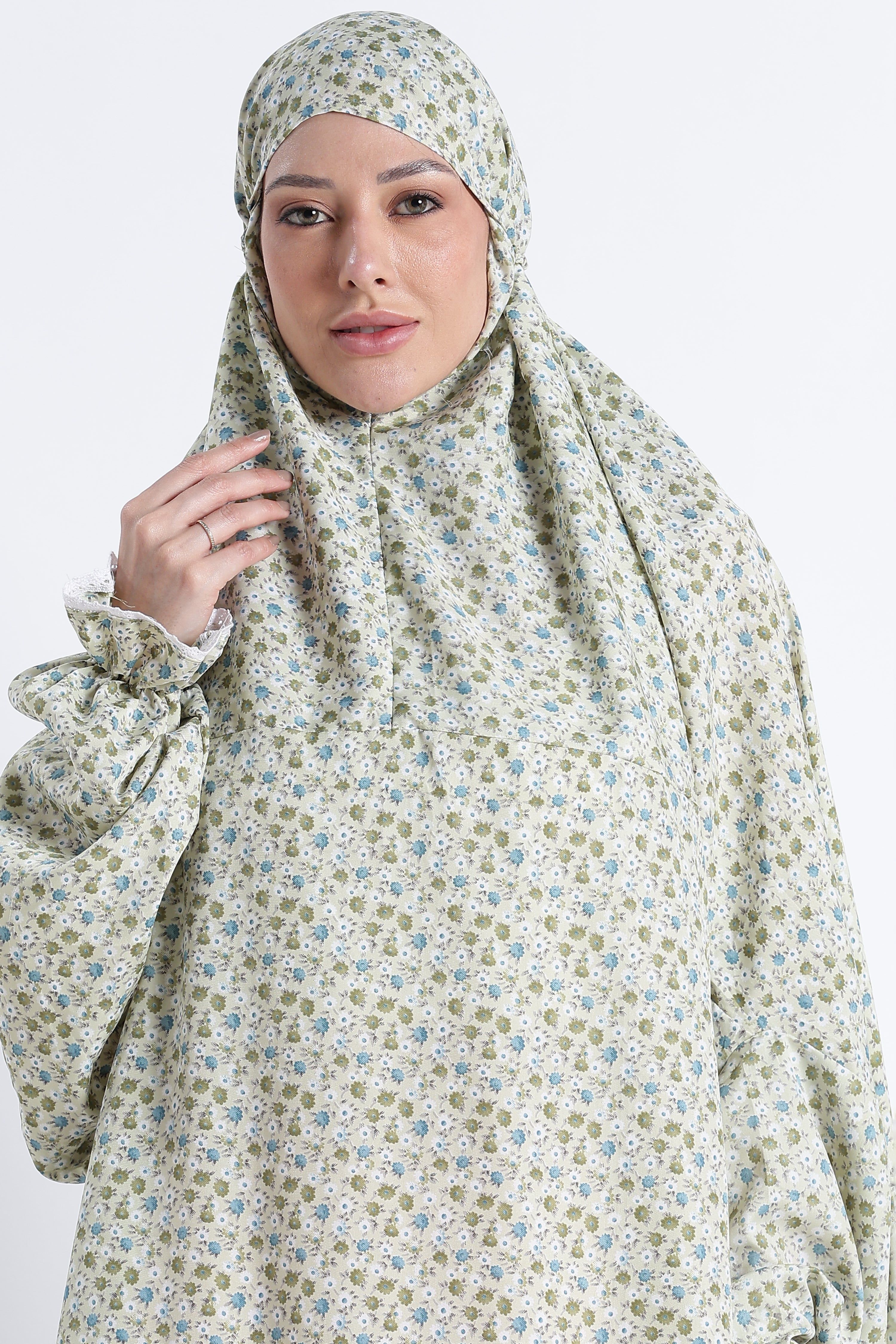Ainaura | Premium Crepe Green Floral Prayer Dress