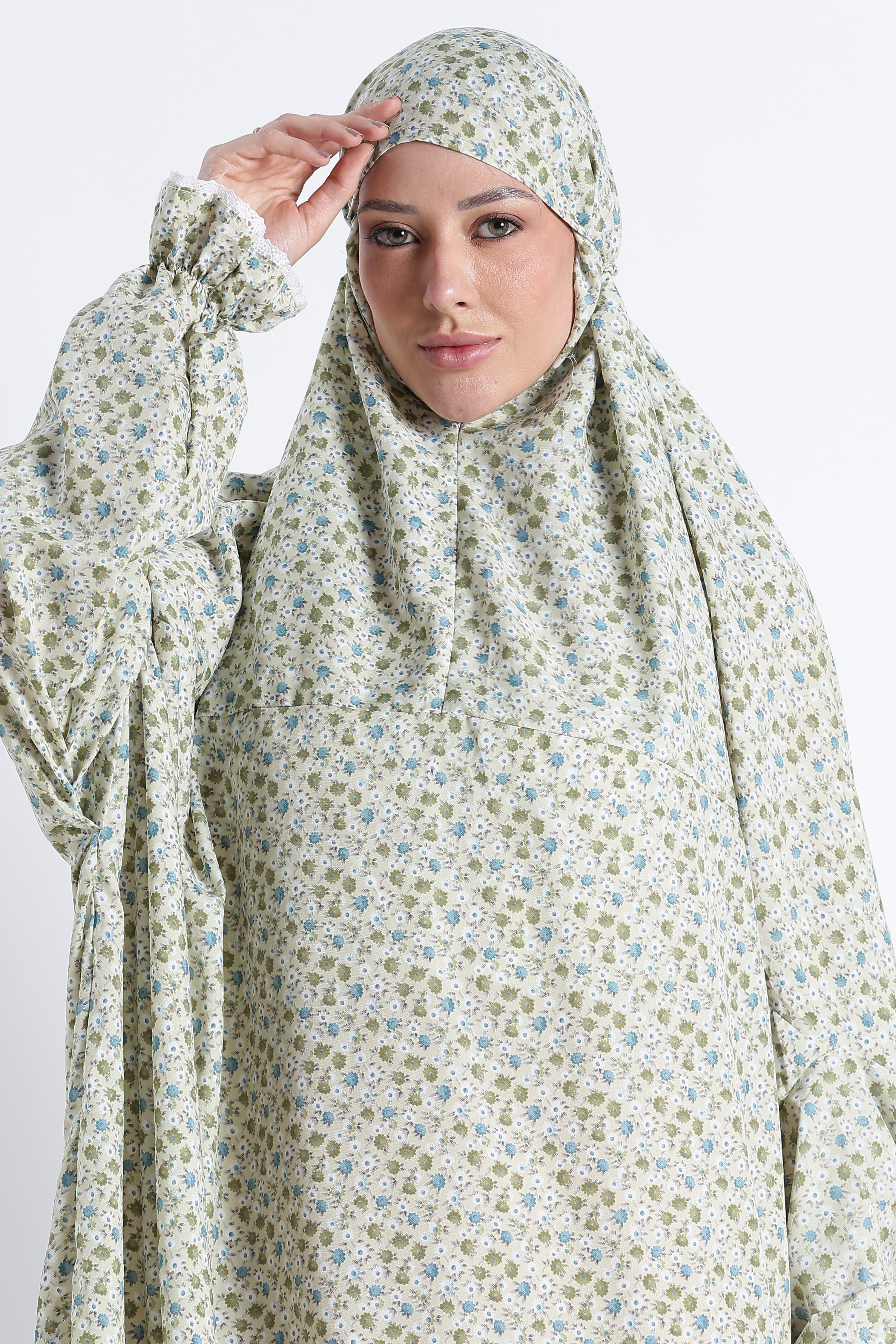 Ainaura | Premium Crepe Green Floral Prayer Dress