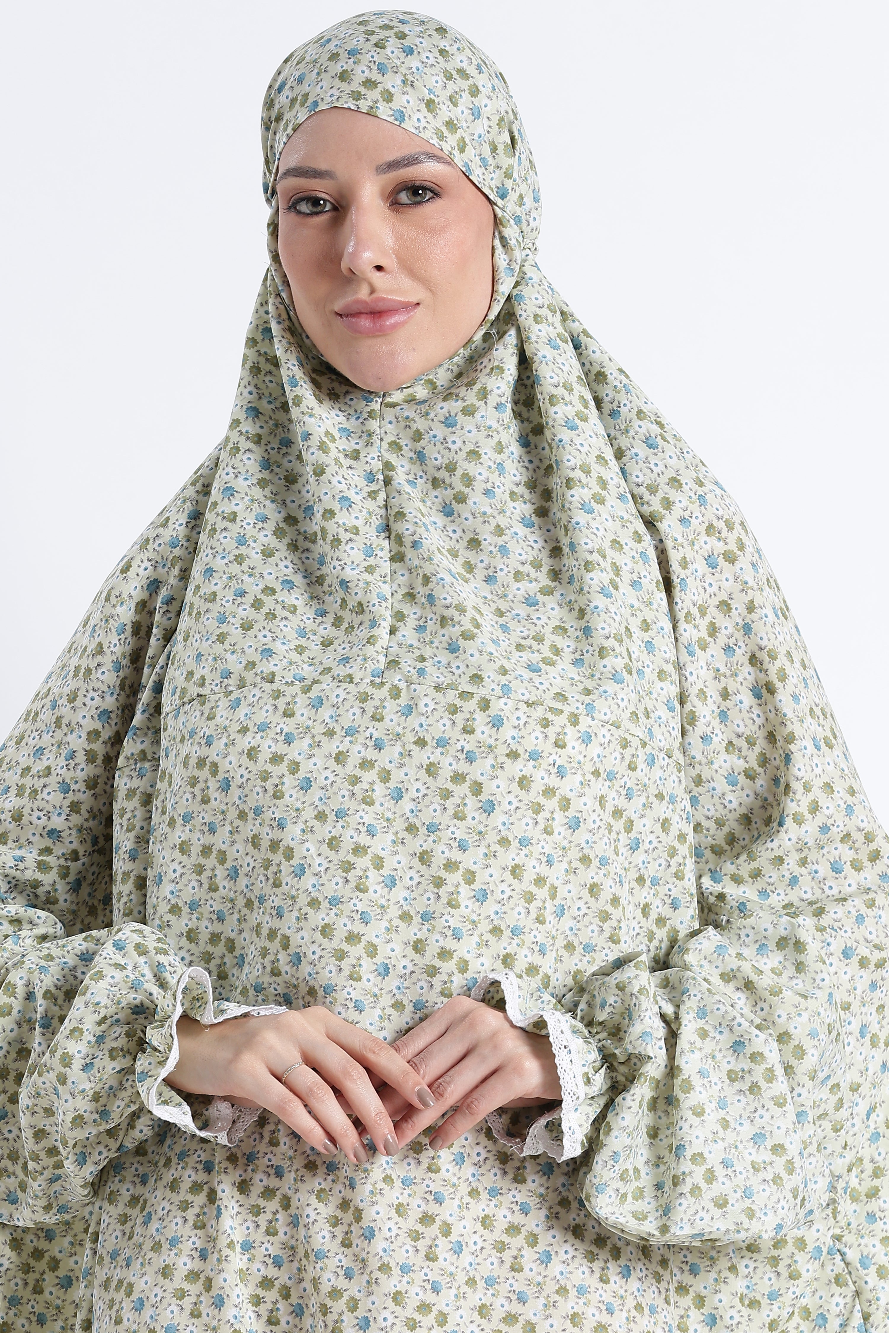 Ainaura | Premium Crepe Green Floral Prayer Dress
