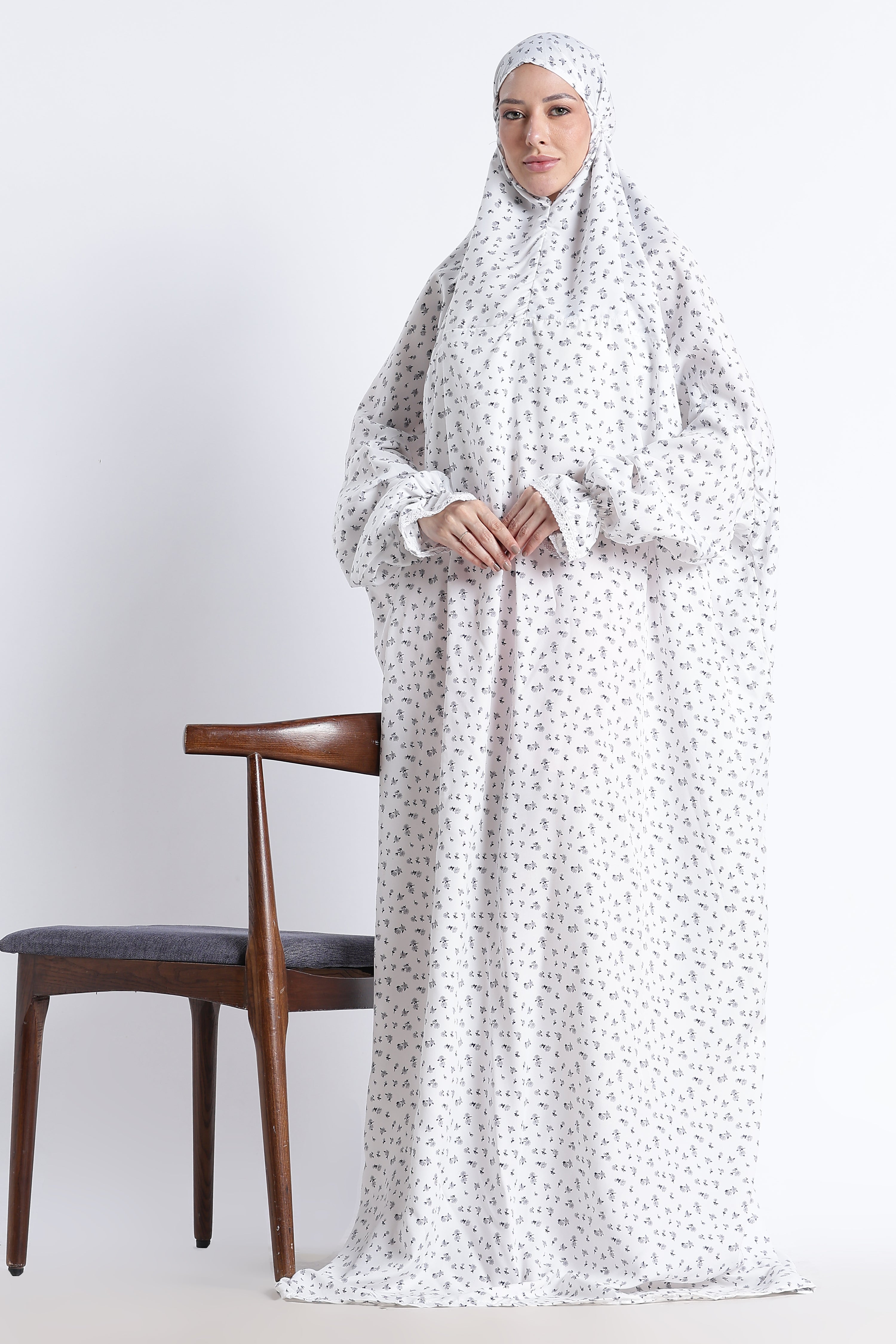 Ainaura | Premium Crepe Grey Floral Prayer Dress