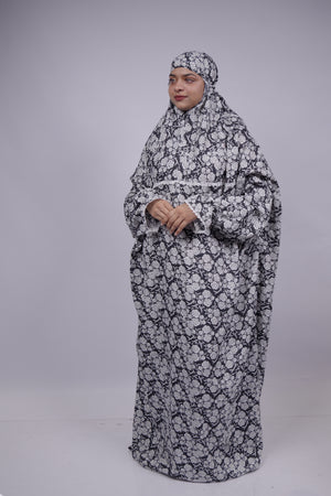 Ainaura | Premium Crepe White with Black Floral Prayer Dress