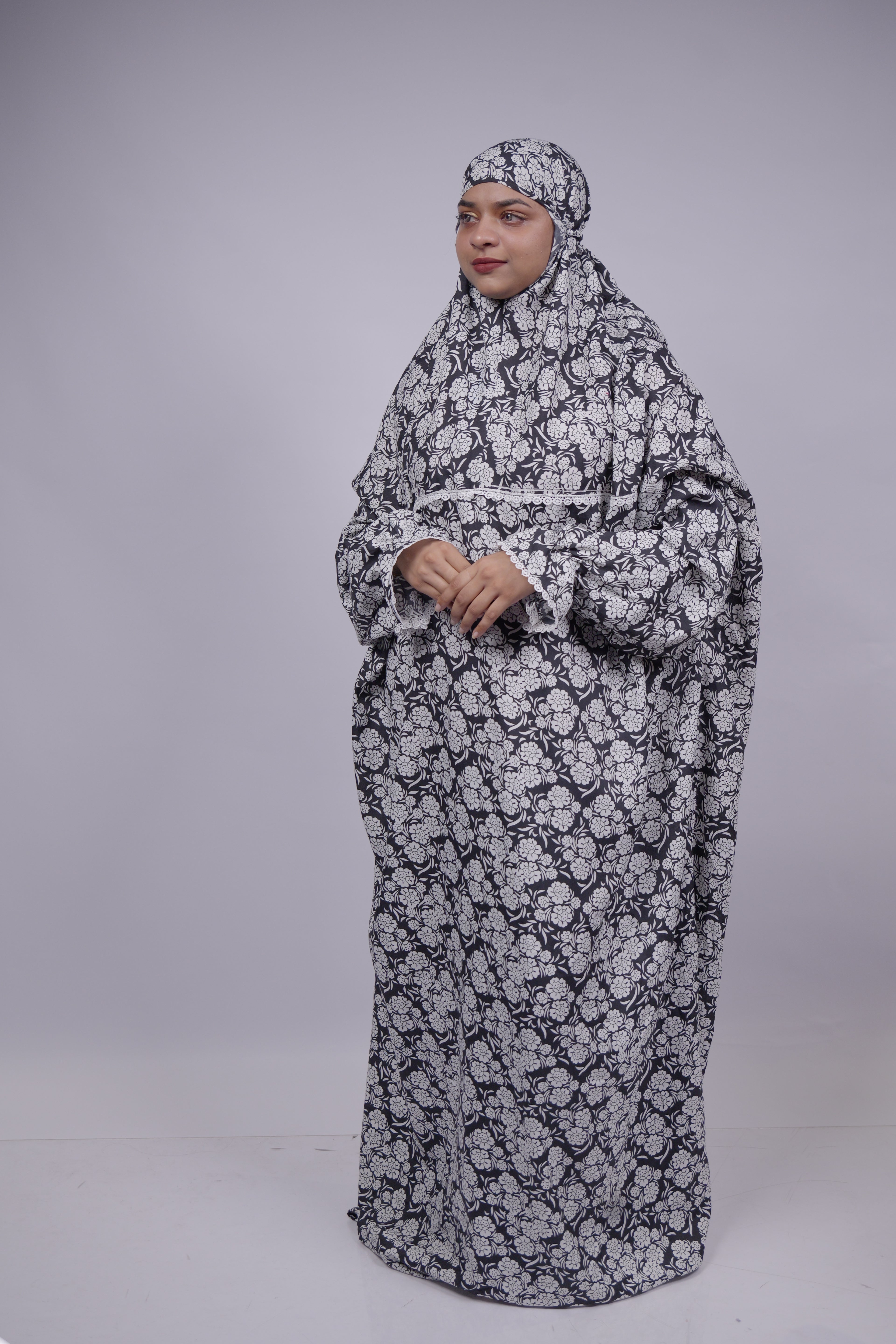 Ainaura | Premium Crepe White with Black Floral Prayer Dress