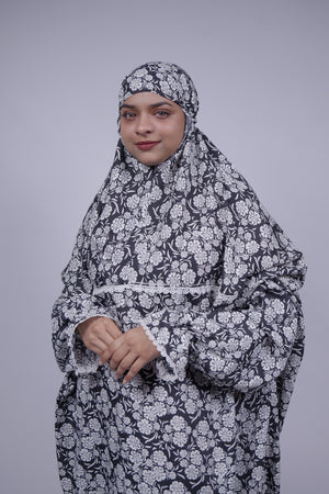 Ainaura | Premium Crepe White with Black Floral Prayer Dress