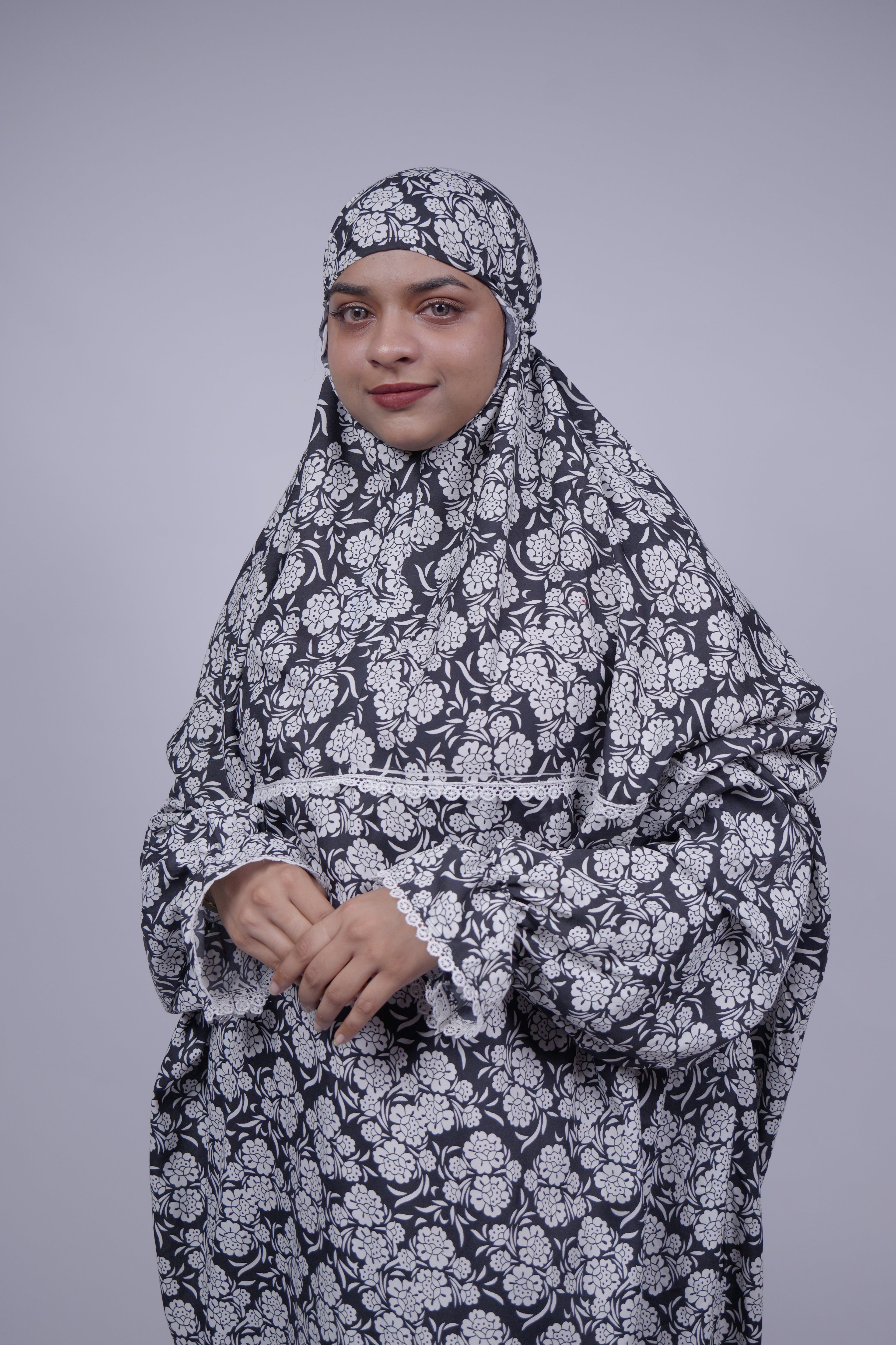 Ainaura | Premium Crepe White with Black Floral Prayer Dress
