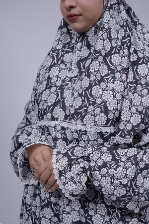 Ainaura | Premium Crepe White with Black Floral Prayer Dress