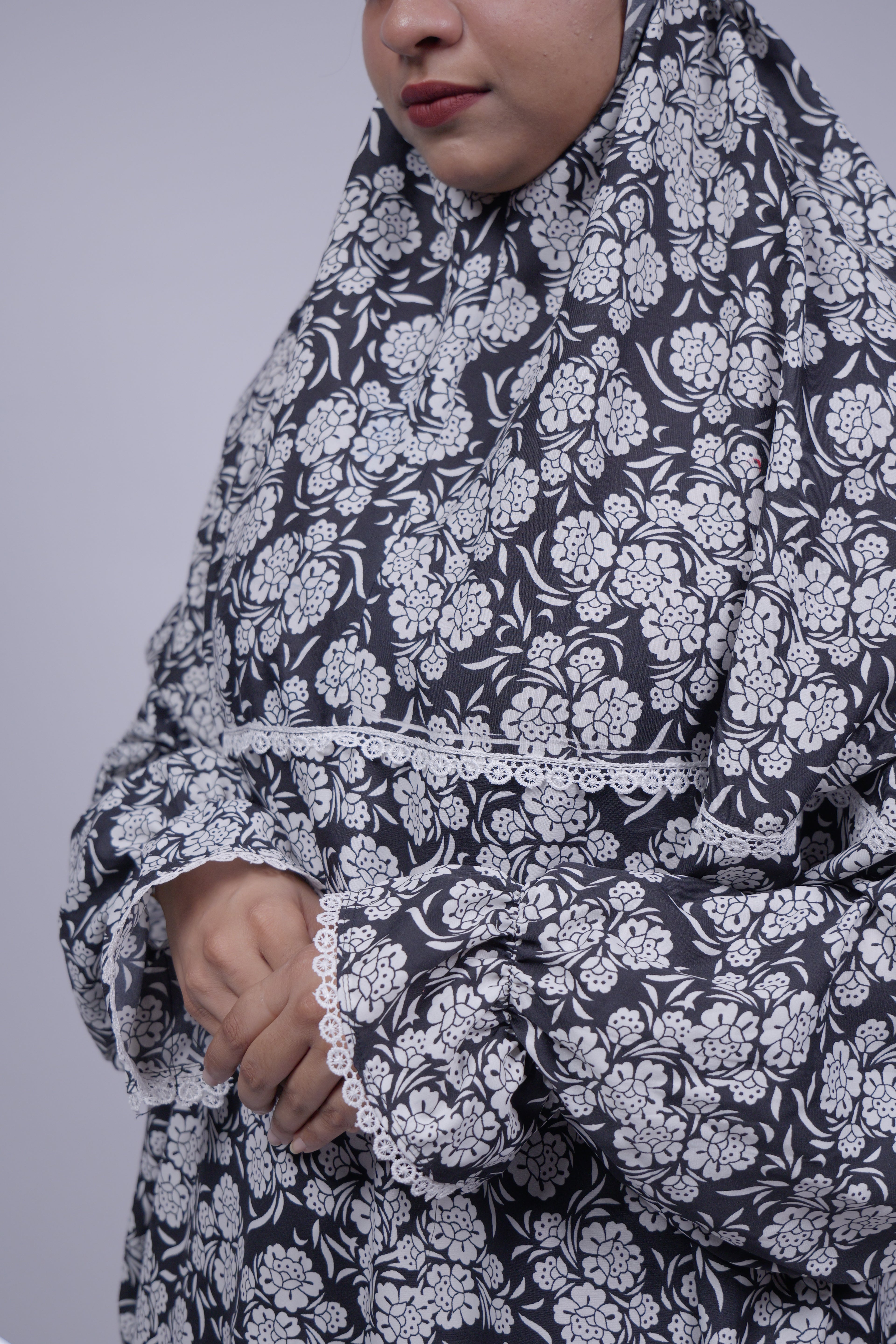Ainaura | Premium Crepe White with Black Floral Prayer Dress