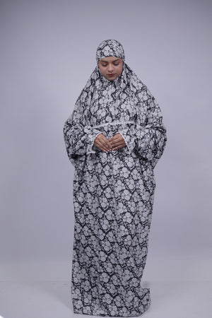 Ainaura | Premium Crepe White with Black Floral Prayer Dress