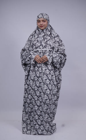 Ainaura | Premium Crepe White with Black Floral Prayer Dress