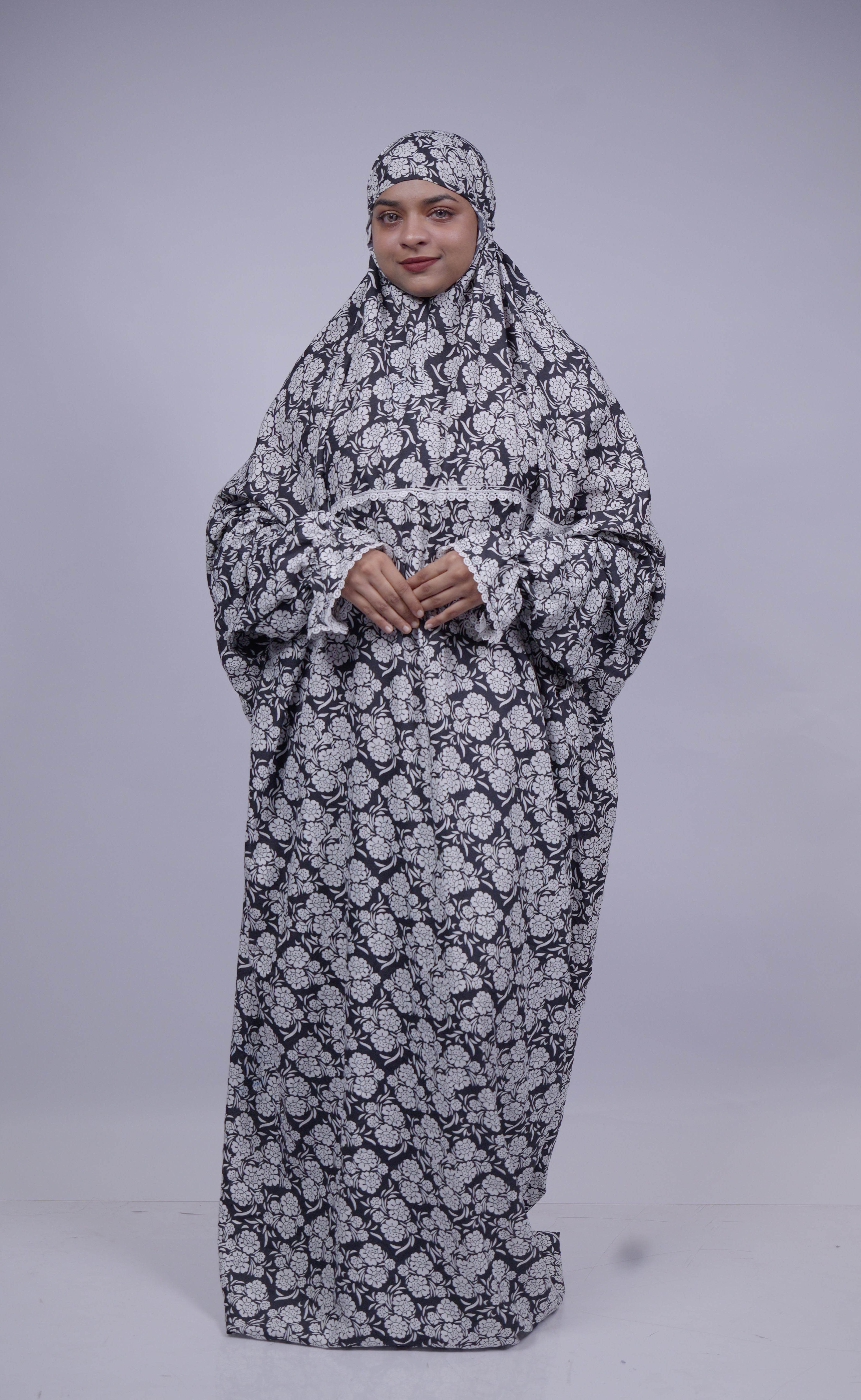 Ainaura | Premium Crepe White with Black Floral Prayer Dress