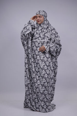Ainaura | Premium Crepe White with Black Floral Prayer Dress
