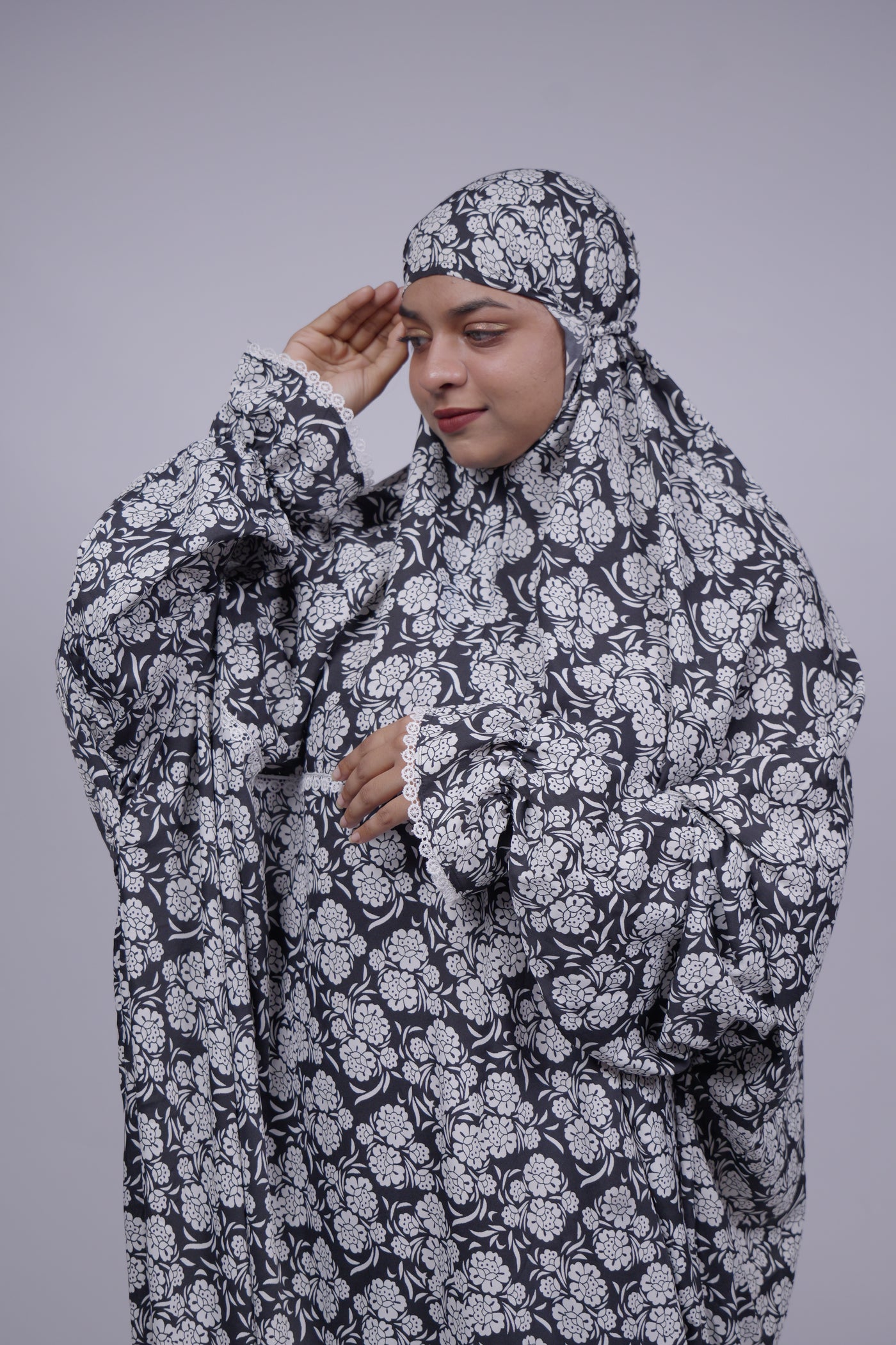 Ainaura | Premium Crepe White with Black Floral Prayer Dress