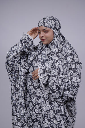 Ainaura | Premium Crepe White with Black Floral Prayer Dress
