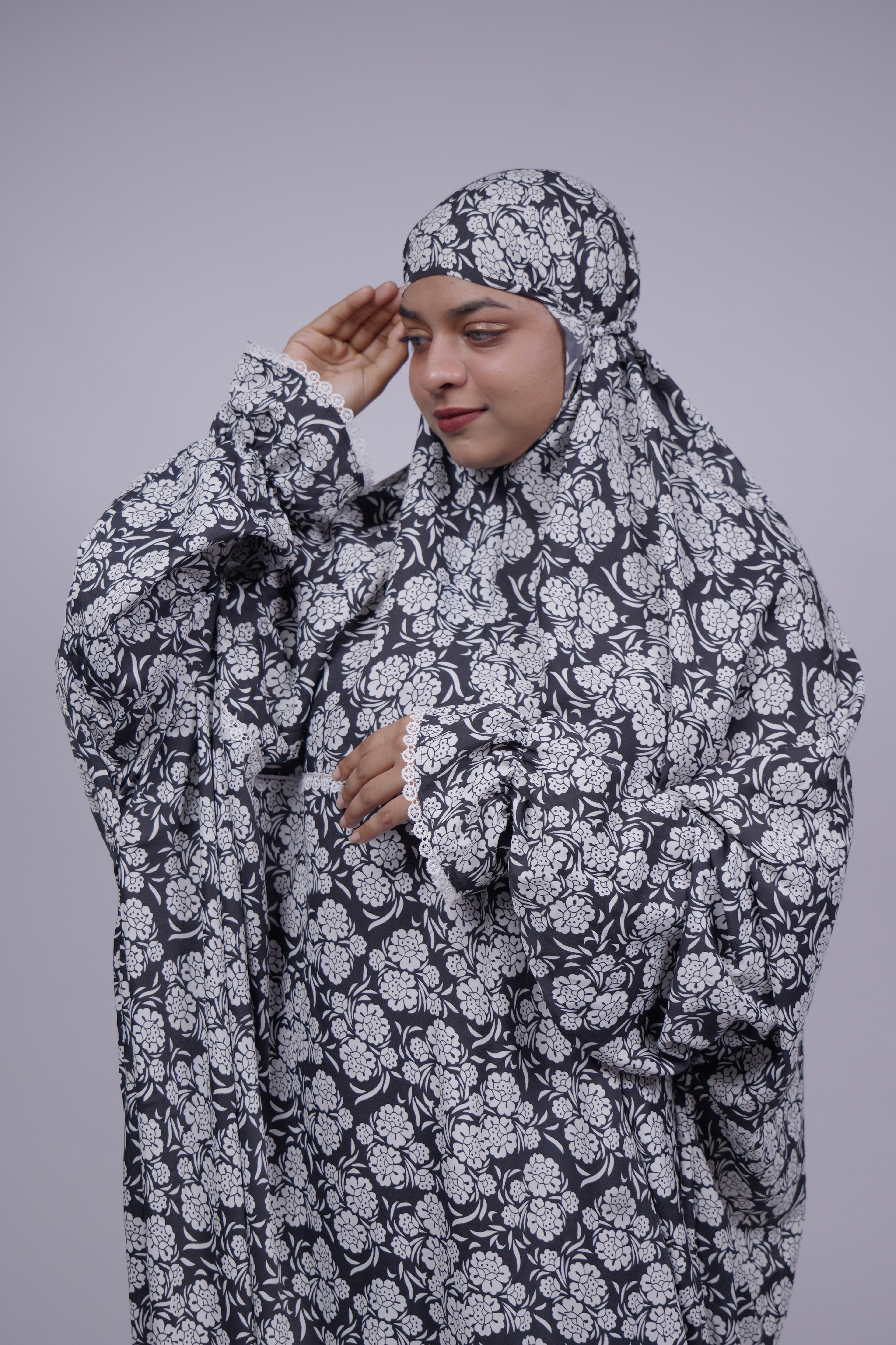 Ainaura | Premium Crepe White with Black Floral Prayer Dress