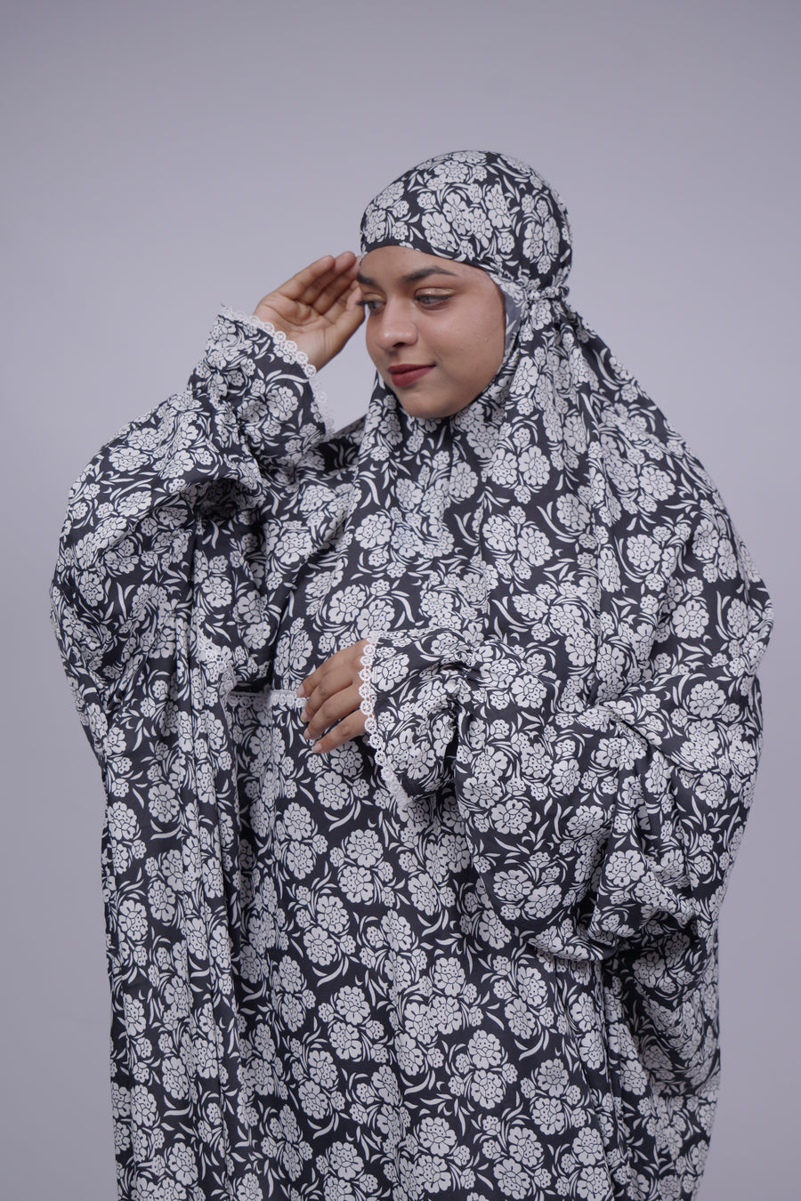 Ainaura | Premium Crepe White with Black Floral Prayer Dress