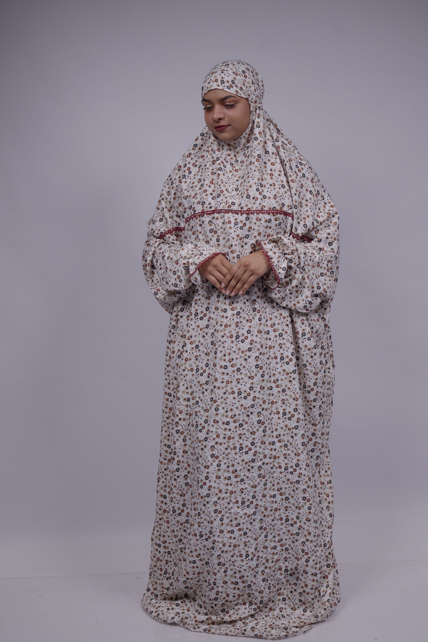 Ainaura | Premium Crepe White with  Grey & Brown Floral Prayer Dress