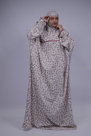 Ainaura | Premium Crepe White with  Grey & Brown Floral Prayer Dress