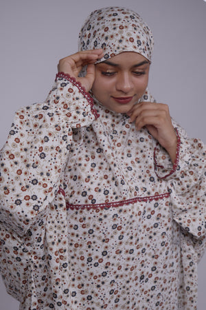 Ainaura | Premium Crepe White with  Grey & Brown Floral Prayer Dress