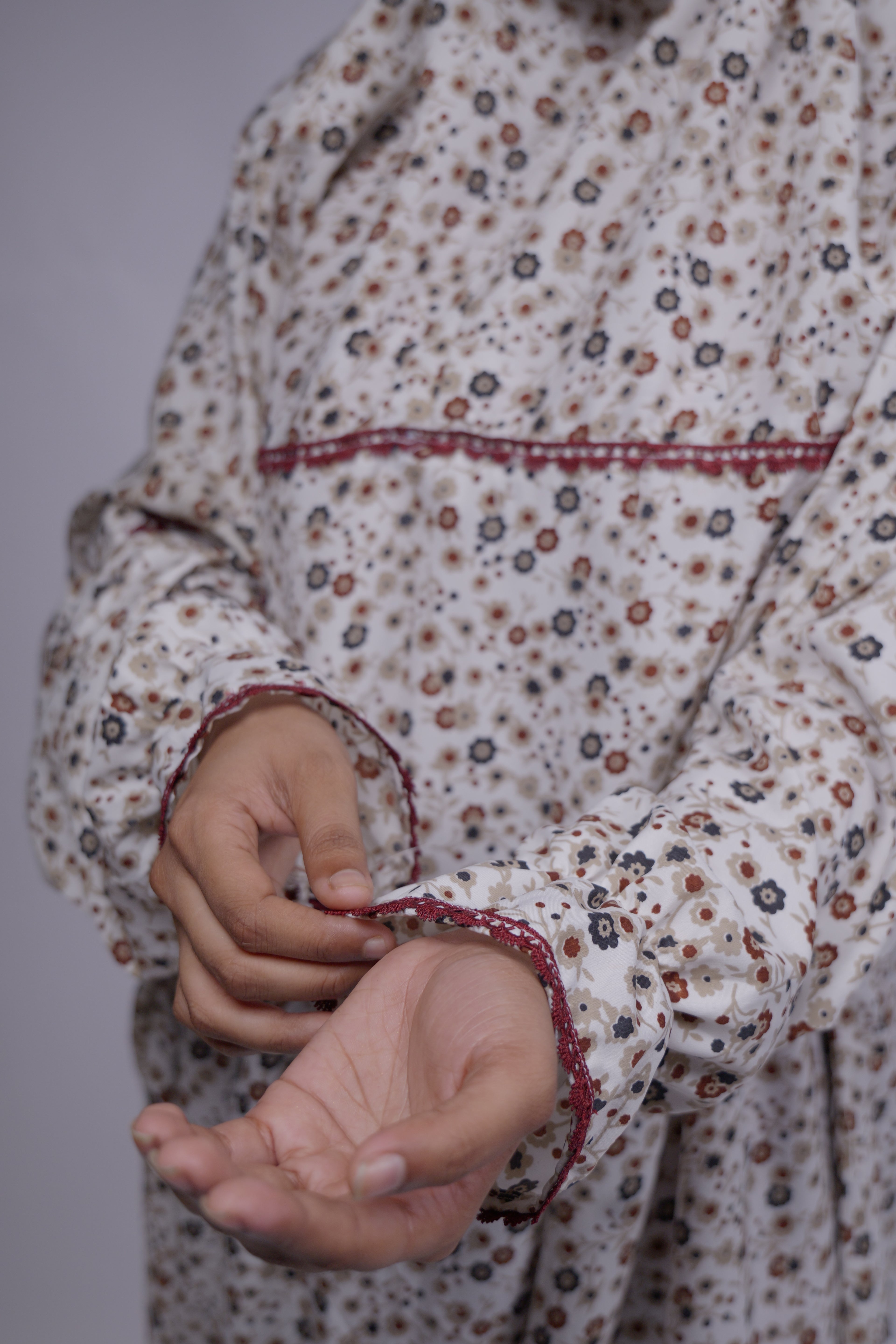 Ainaura | Premium Crepe White with  Grey & Brown Floral Prayer Dress