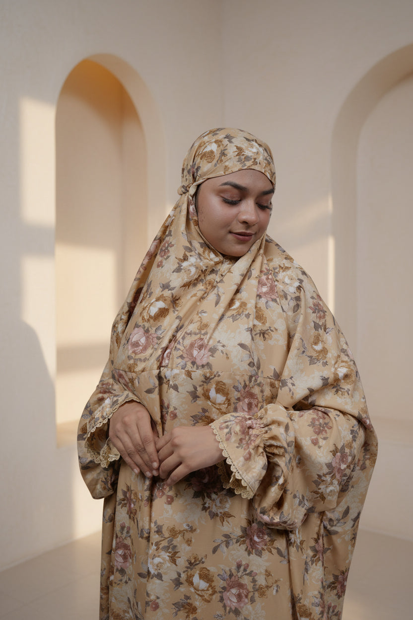 Ainaura | Premium Crepe Beige Floral  Prayer Dress