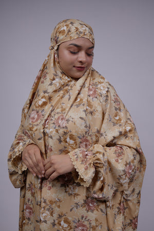Ainaura | Premium Crepe Beige Floral  Prayer Dress