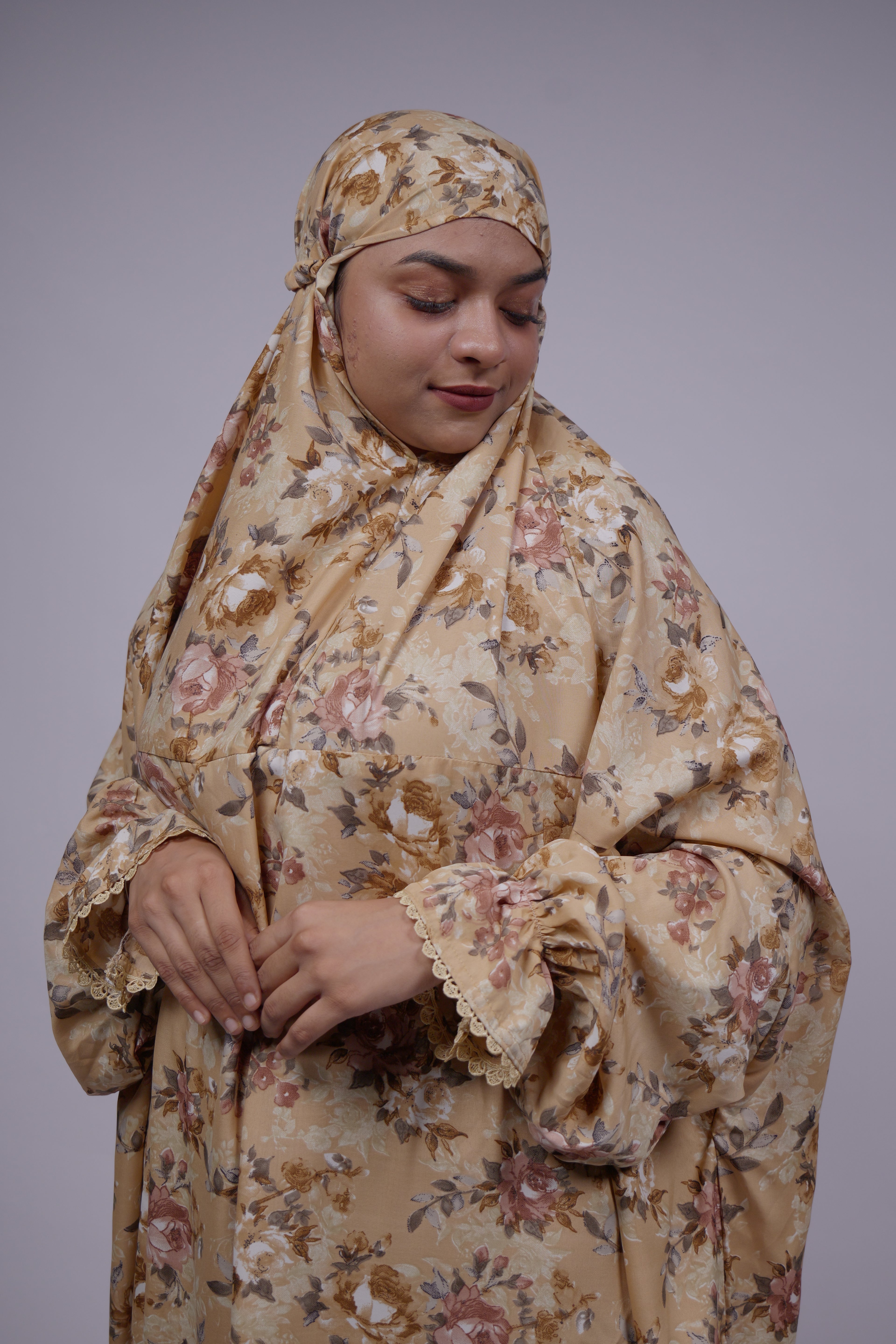 Ainaura | Premium Crepe Beige Floral  Prayer Dress
