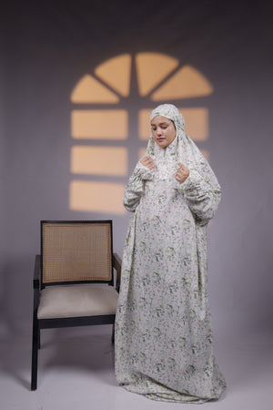 Ainaura | Premium  Crepe  White with Green Floral  Prayer Dress
