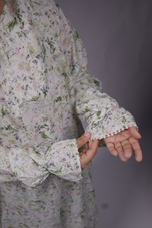 Ainaura | Premium  Crepe  White with Green Floral  Prayer Dress