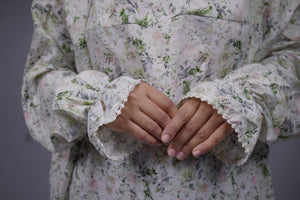Ainaura | Premium  Crepe  White with Green Floral  Prayer Dress