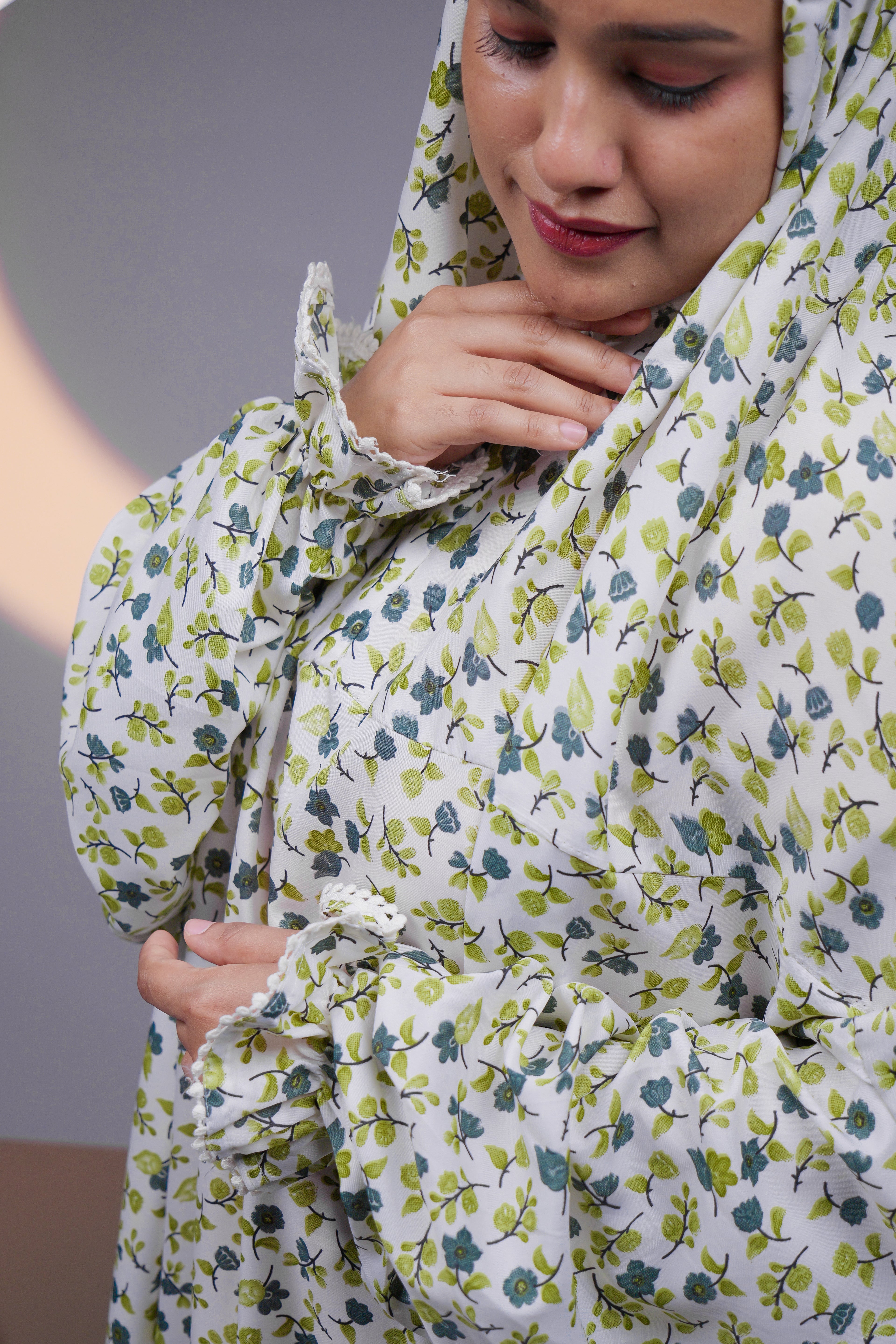 Ainaura | Premium Crepe Green Floral prayer dress