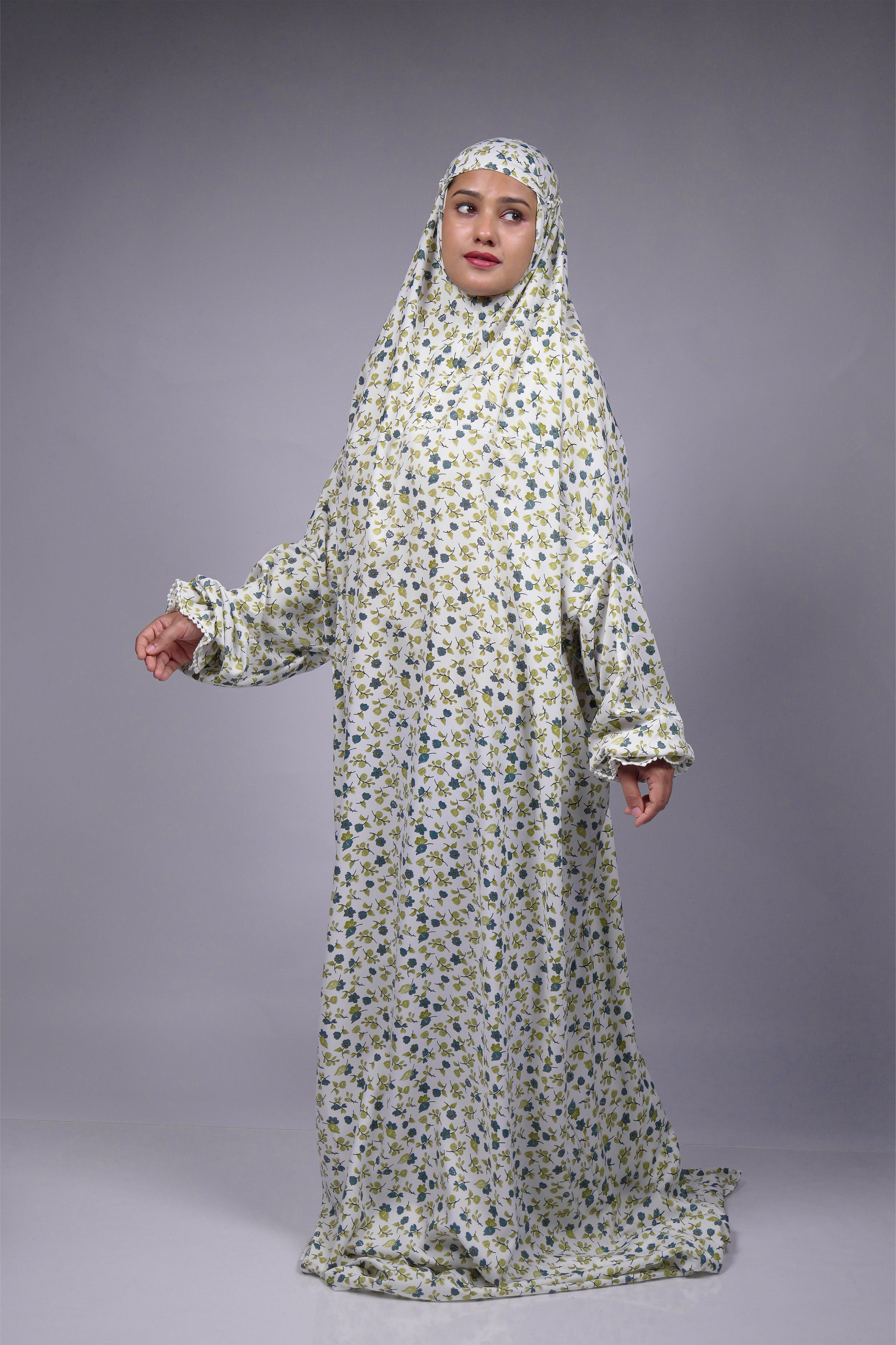 Ainaura | Premium Crepe Green Floral prayer dress