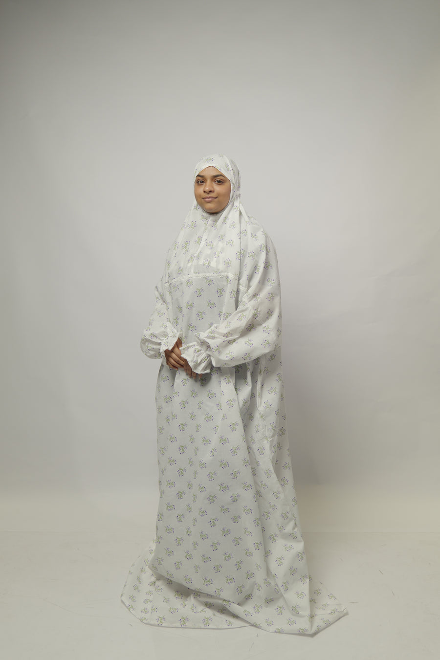 Ainaura | Premium Cotton White Floral Prayer Dress