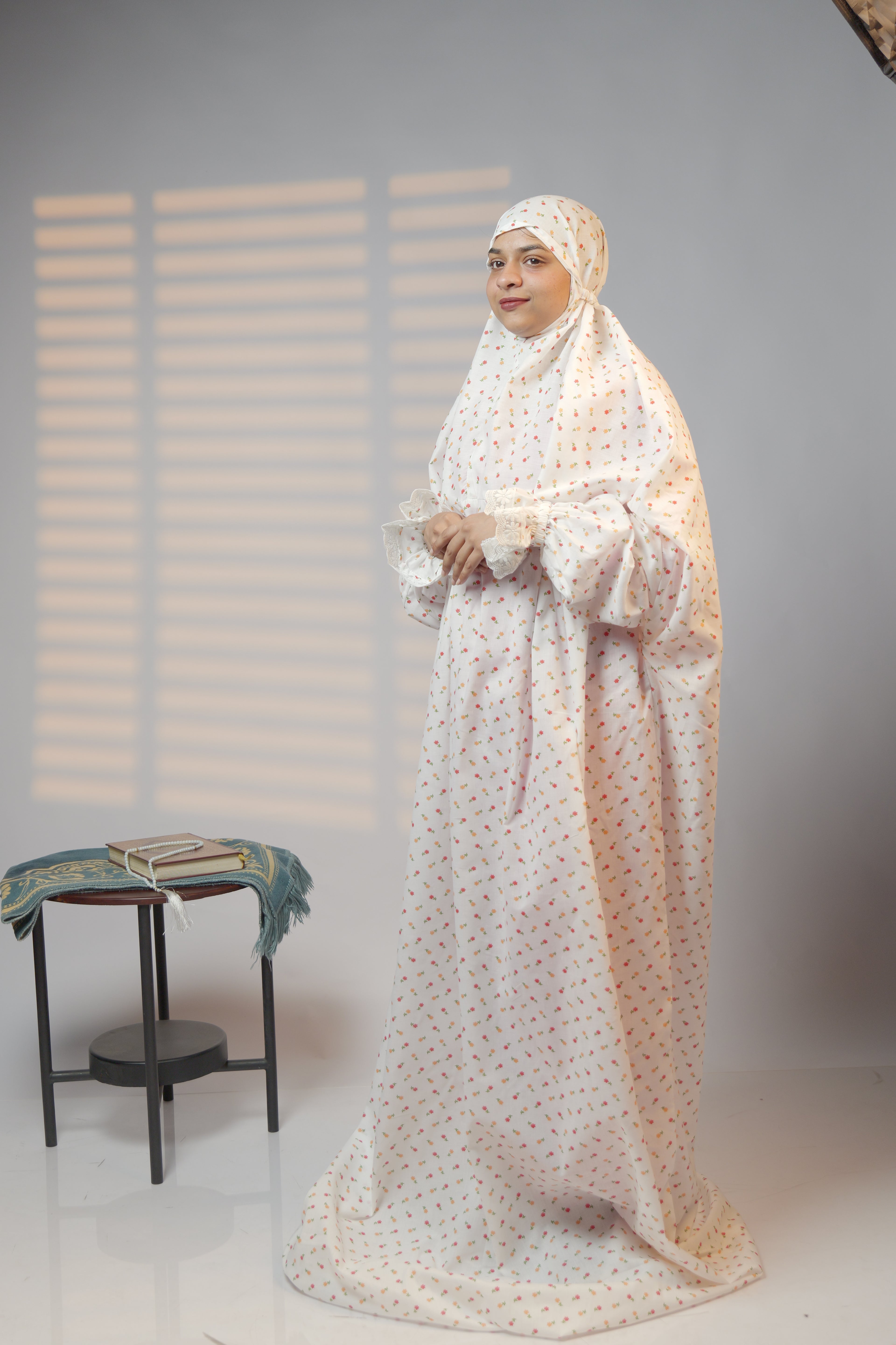 Ainaura |  Premium Cotton White with Pink & Peach Floral Prayer dress