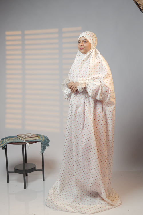 Ainaura |  Premium Cotton White with Pink & Peach Floral Prayer dress