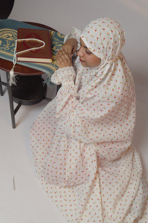 Ainaura |  Premium Cotton White with Pink & Peach Floral Prayer dress