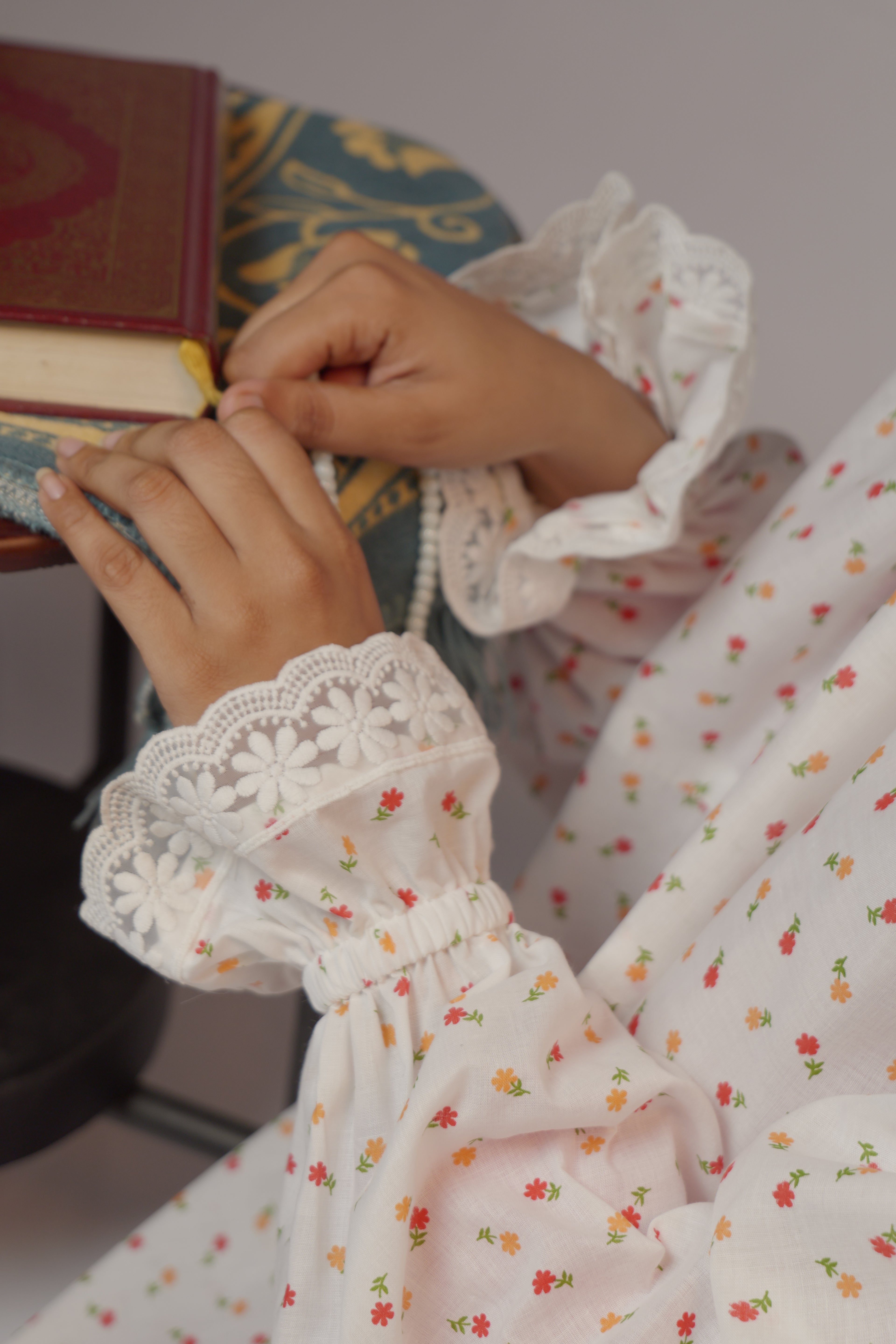 Ainaura |  Premium Cotton White with Pink & Peach Floral Prayer dress