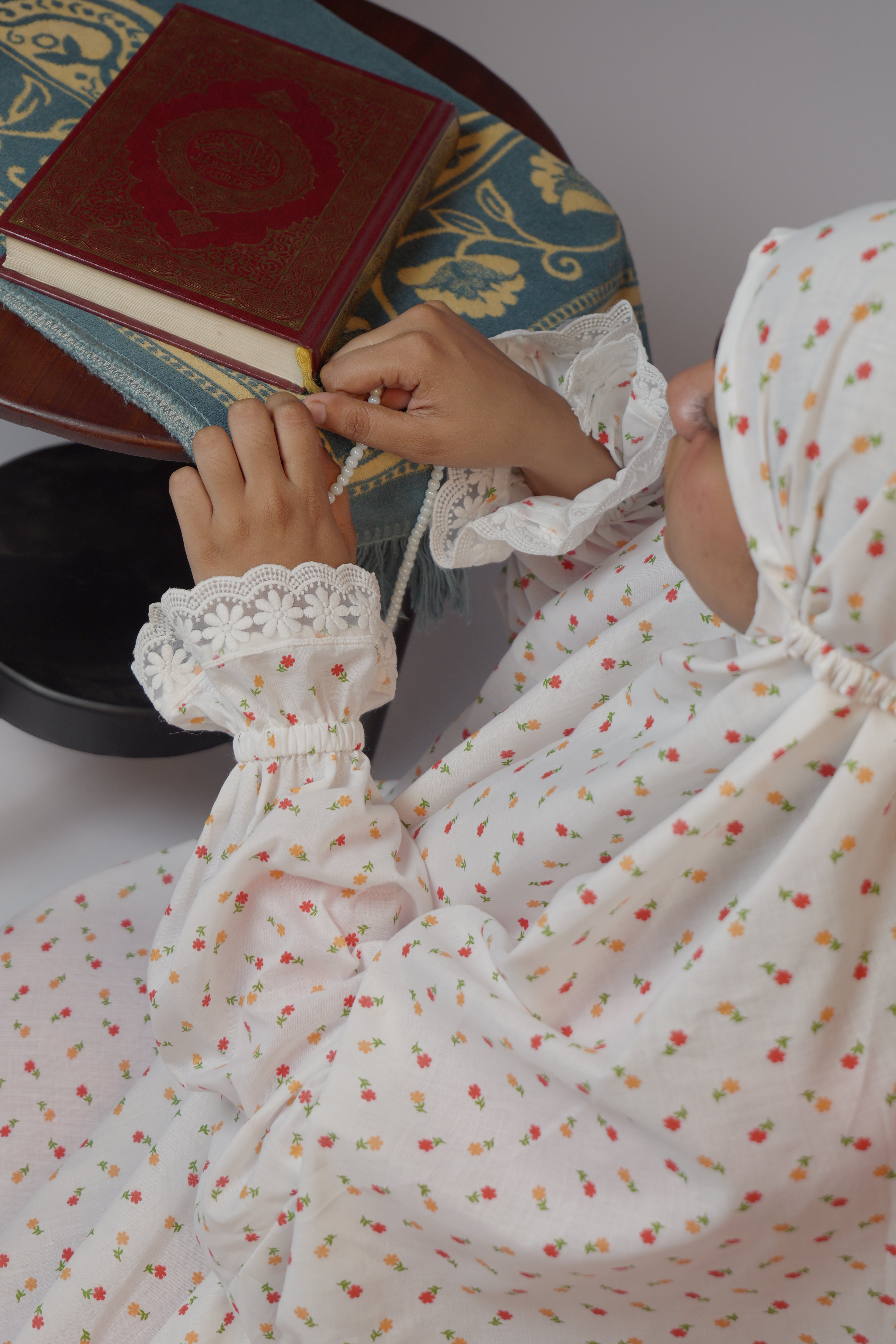Ainaura |  Premium Cotton White with Pink & Peach Floral Prayer dress
