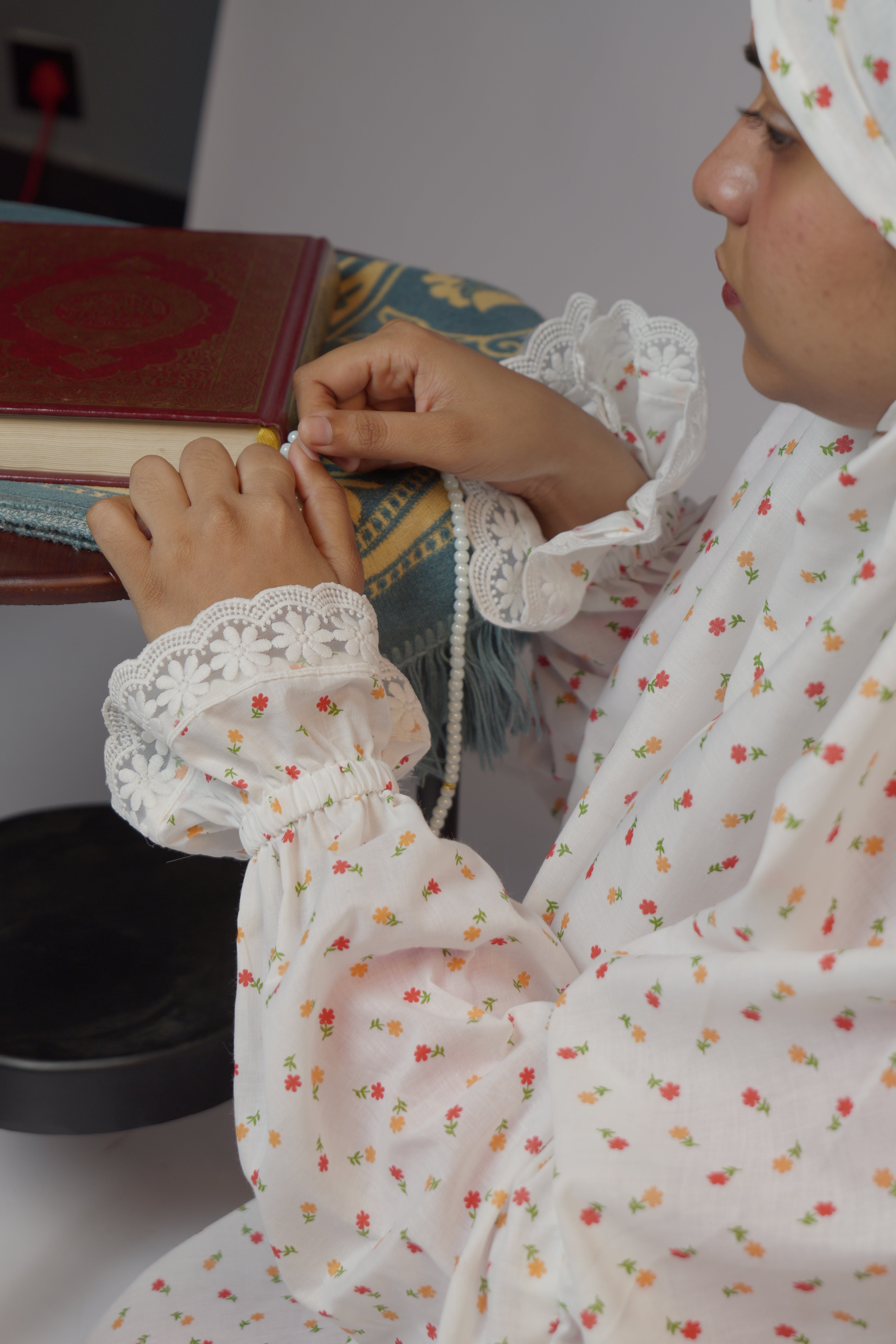 Ainaura |  Premium Cotton White with Pink & Peach Floral Prayer dress