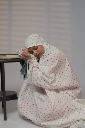 Ainaura |  Premium Cotton White with Pink & Peach Floral Prayer dress