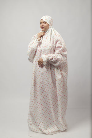 Ainaura |  Premium Cotton White with Pink & Peach Floral Prayer dress