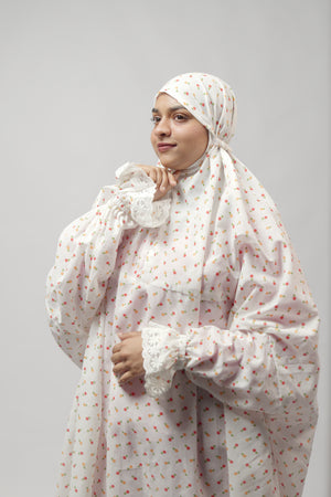 Ainaura |  Premium Cotton White with Pink & Peach Floral Prayer dress