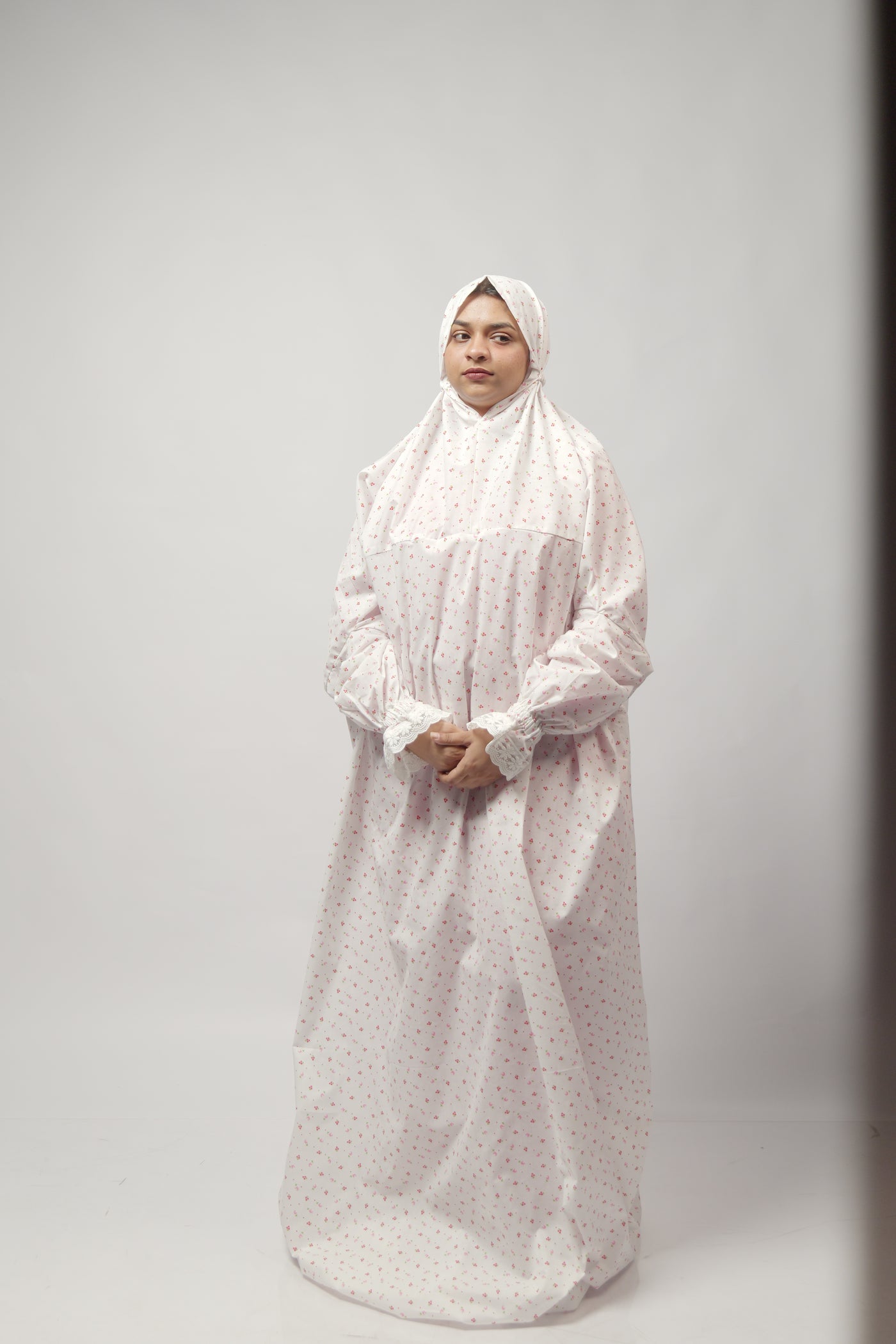Ainaura | Premium Cotton White with Yellow & Orange  Floral   Prayer Dress