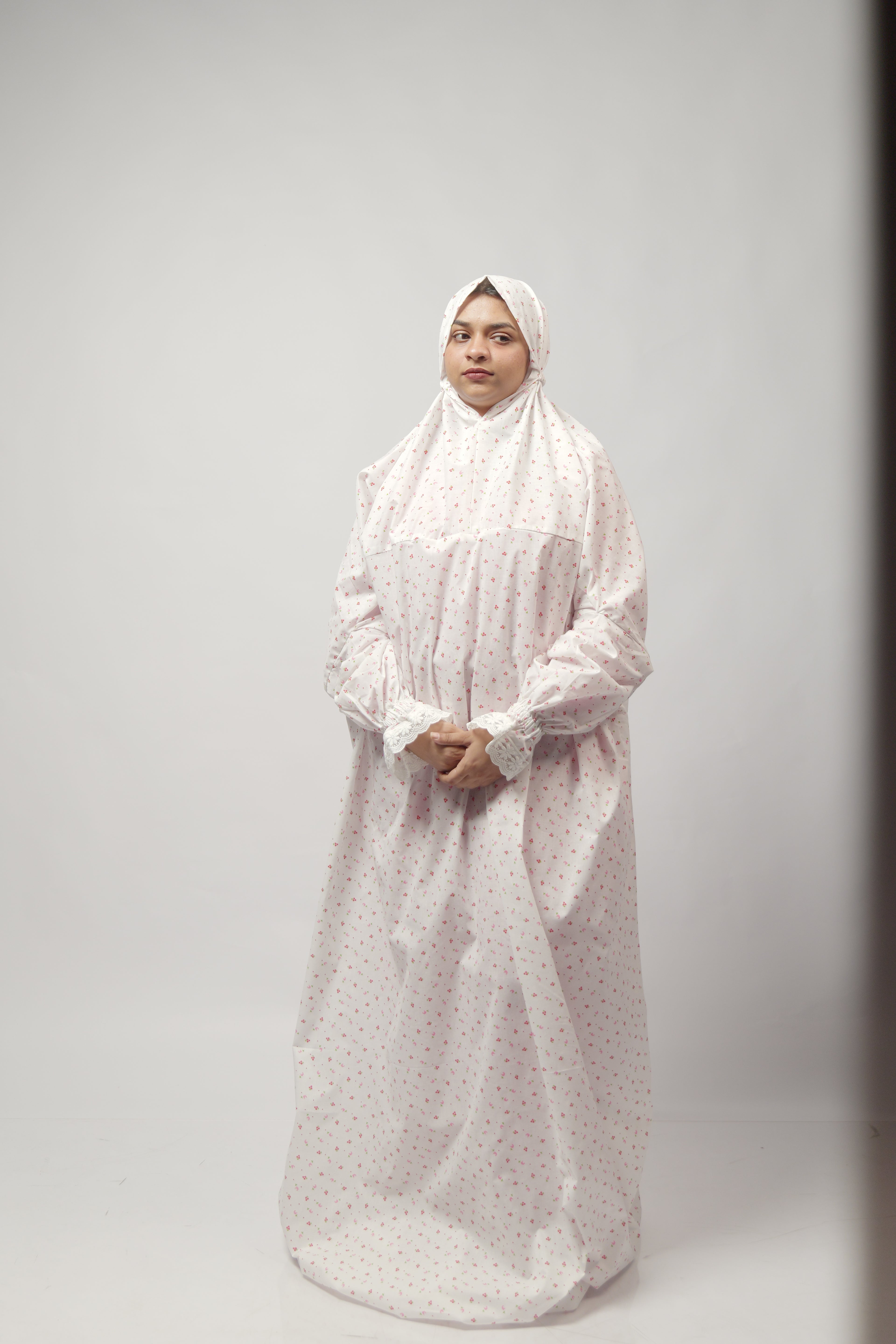Ainaura | Premium Cotton White with Yellow & Orange  Floral   Prayer Dress