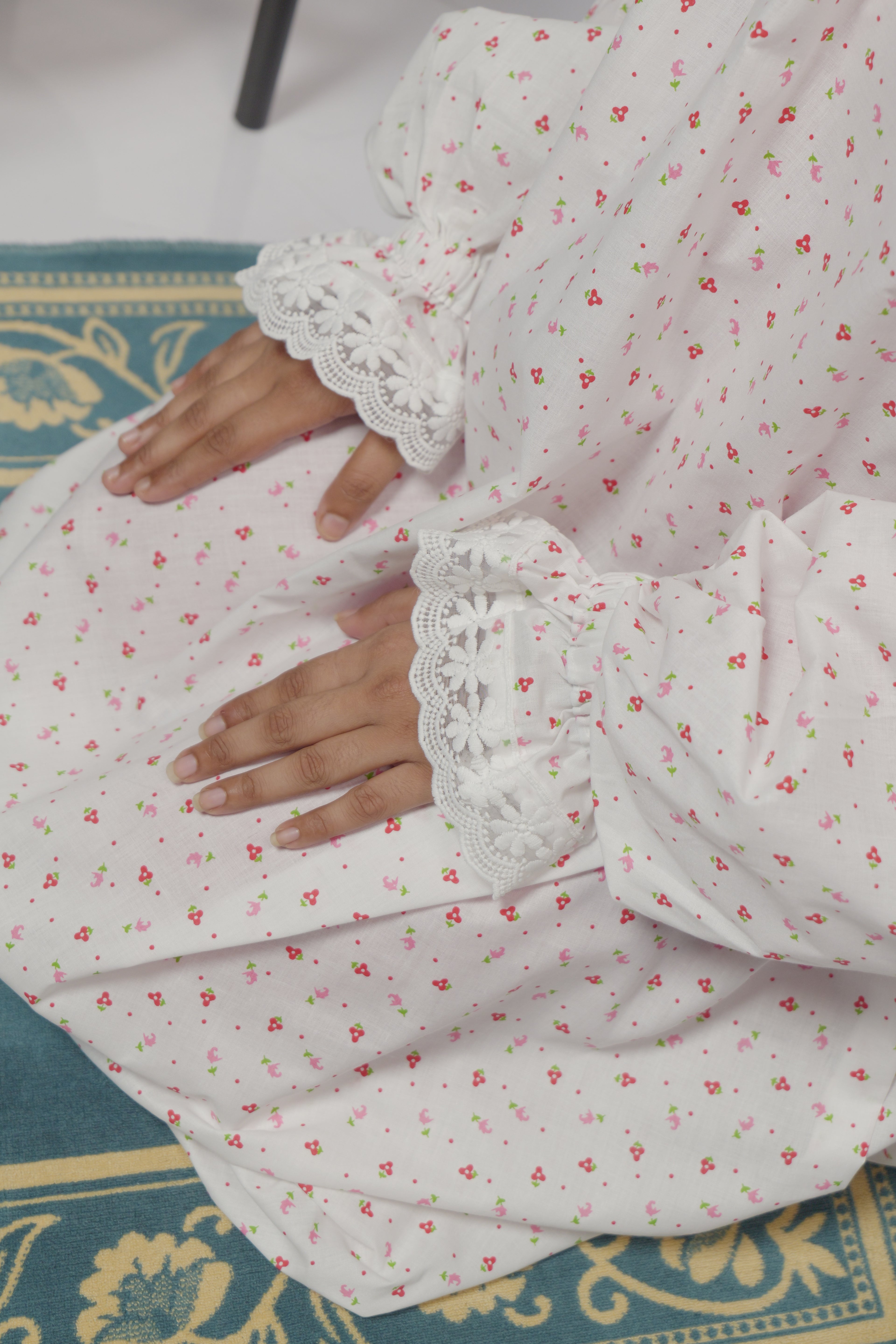 Ainaura | Premium Cotton White with Yellow & Orange  Floral   Prayer Dress