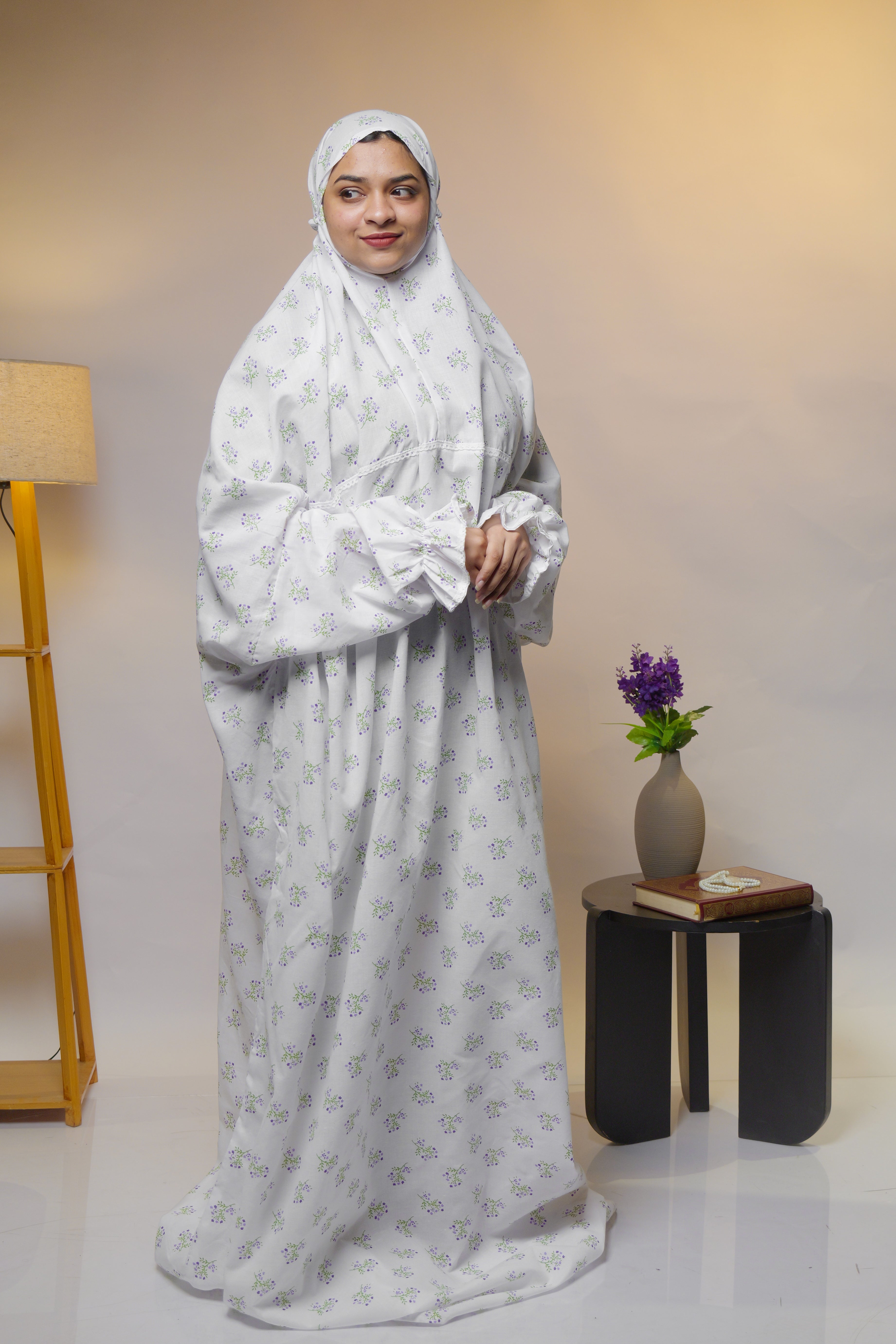 Ainaura | Premium Cotton White Floral Prayer Dress