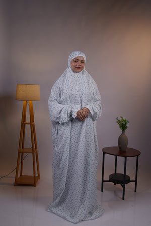 Ainaura | Premium Crepe White with Greenish Floral Prayer Dress