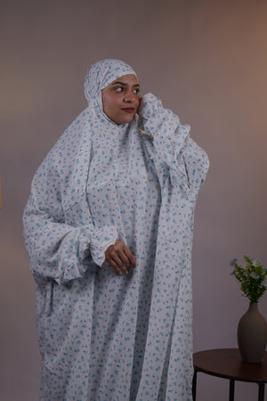 Ainaura | Premium Crepe White with Greenish Floral Prayer Dress